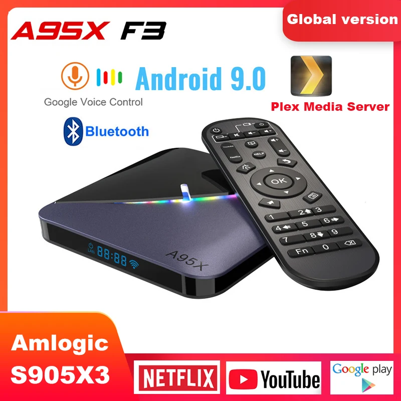 ТВ приставка A95X F3 RGB светильник на Android 9 0 Amlogic S905X3 32 битный EMCP 4 Гб ОЗУ 64 ПЗУ двойной