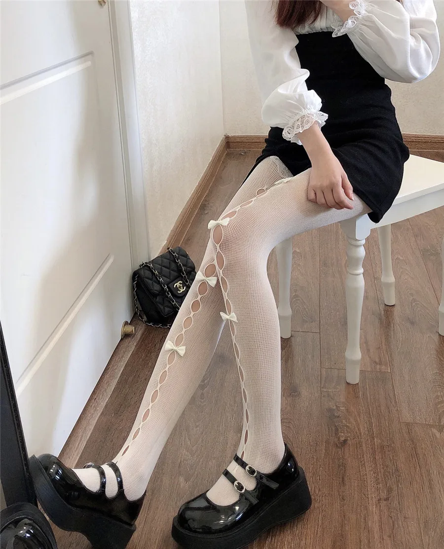 2021 New Bowknot Hollow Out Pantyhose Sex Thin Summer Autumn Ins Tide Lace Tights Black White Fishnet Silk Stockings Woman women's socks