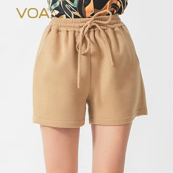 

VOA Women Clothes Double-sided 780g Cashmere Tie Belt Fold Tight Waist Straight Tube Shorts SK1028