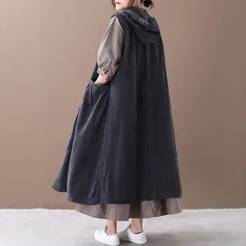 

Spring Autumn Vintage Jacket Women New Loose Large Size Literary Distressed Hooded Corduroy Vest Dress Sleeveless Cardigan f2610