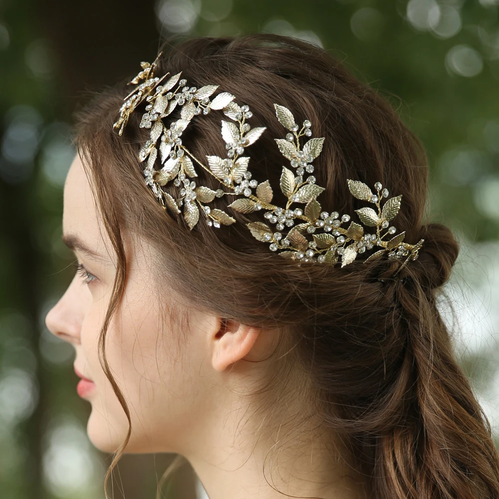 Luxury Gold Leaf Bridal Headpiece Crystal Side Tiara Wedding Hair Vine Headband Party Prom Hair Jewelry Brides Headdress