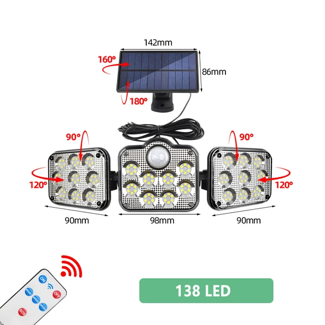 20w Solar Lights 108/122/138 LED Waterproof Outdoor Indoor Solar Lamp With Motion Sensor Adjustable Head Wide Lighting Angle S 138LED