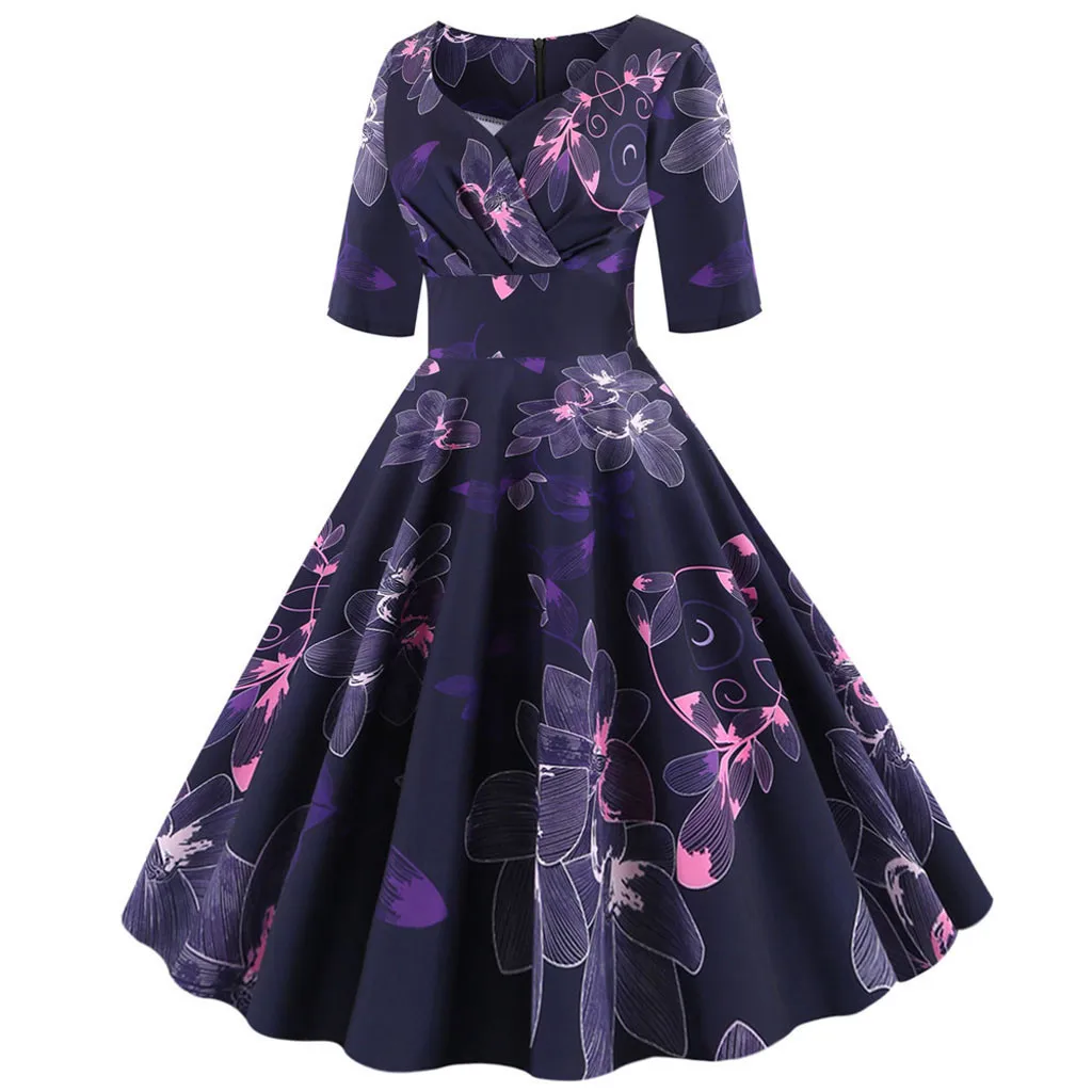 Женская одежда v-образный вырез ТРАПЕЦИЕВИДНОЕ офисное платье на каждый день короткие сексуальные вечерние элегантные цветочные принты 50s винтажная повязка платье# J30 - Цвет: Фиолетовый