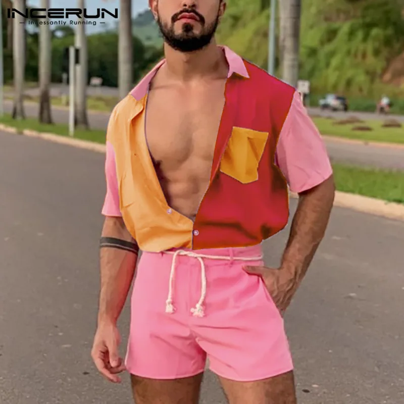 Shirt Short-Sleeve Patchwork-Sets Hawaiian-Suit Streetwear INCERUN 2-Pieces Breathable