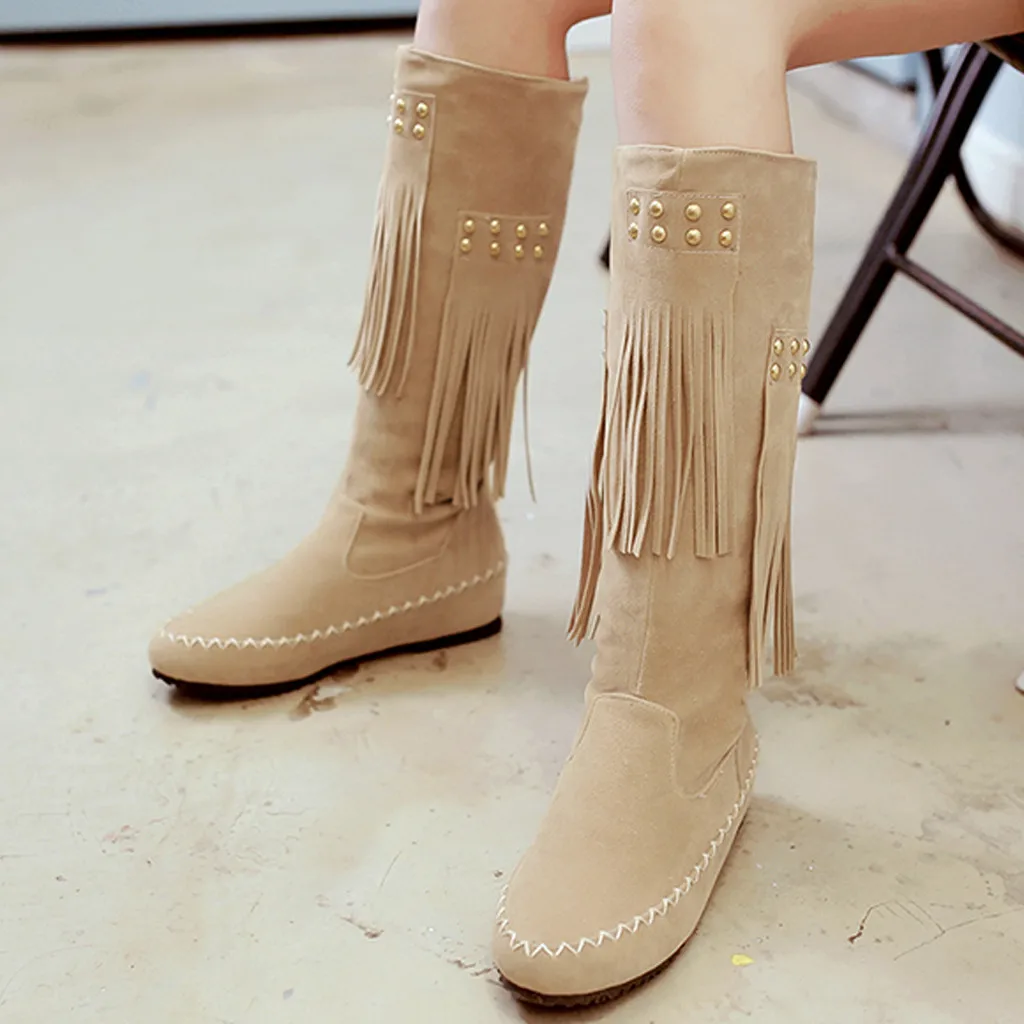 

Stitching fringed rivet in-over-the-knee boot Fashion casual solid color suede flat boots Round Toe Keep Warm winter boots women