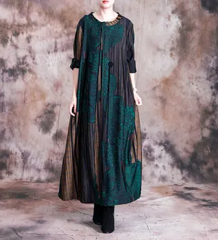

Women Spring 2020 Loose Vintage Green Printed Dresses Ladies Chinese Retro Plus Size Patchwork Female Silk Long Maxi Robe Dress