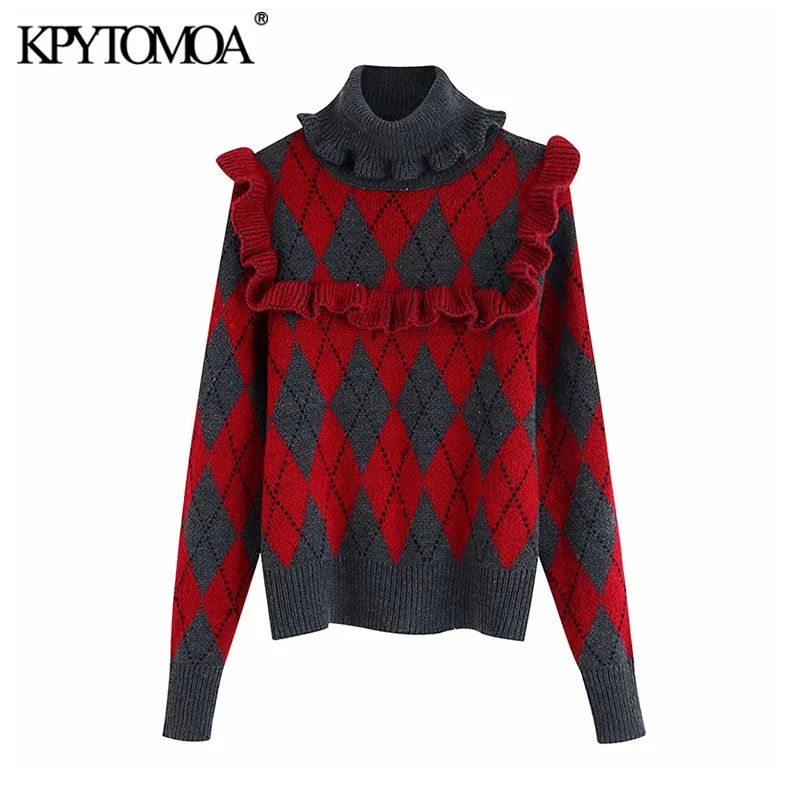 

Vintage Stylish Ruffled Argyle Knitted Sweater Women 2020 Fashion High Collar Long Sleeve Female Pullovers Chic Tops
