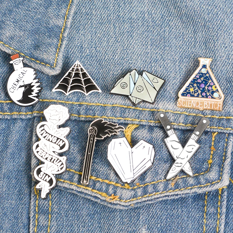 

Science Enamel pin Face knife mood origami Matches Cobweb Flower Rose brooches jewelry Heart Coffin Punk Lapel pins badges gifts