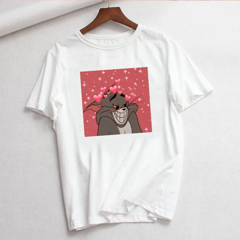 Кошка том желе мышь печати мультфильм Повседневная Милая летняя Топ забавная парочка женщин свободная пара большой размер o-образным вырезом Ulzzang Винтажная Футболка
