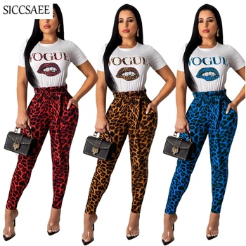 

Cartoon Letter Lips Short Sleeve Tee Leopard Printed Long Pants Sweat Suit 2019 Autumn 2 Piece Set Women Sexy Casual Outfits