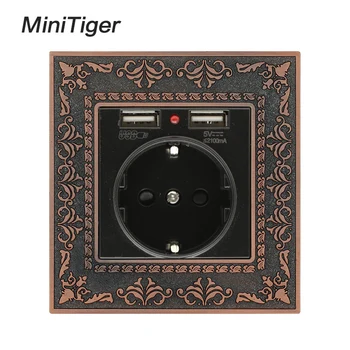 

Minitiger Zinc Alloy High End Retro Panel 16A Black EU Standard Power Wall Socket With Dual USB Charging Port Embossed Panel