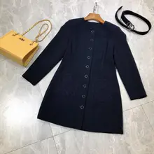 Темно-синяя зимняя женская длинная куртка однобортное женское теплое пальто