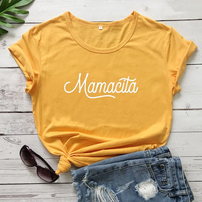 yellow-white text Mamacita/Новое поступление, женская летняя забавная Футболка с принтом, хлопок, футболки Mama Life, подарок для мамы, испанские буквы, футболка - Цвет: yellow-white text
