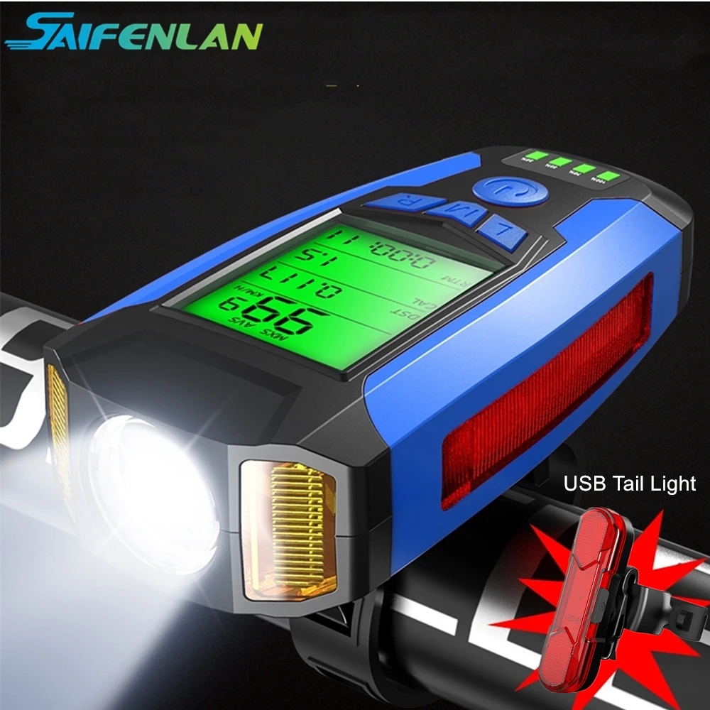New Bicycle Light with Bike Computer Speedometer USB Lamp COB LED Front Headlight Digital Cycling Odometer Equipment | Спорт и