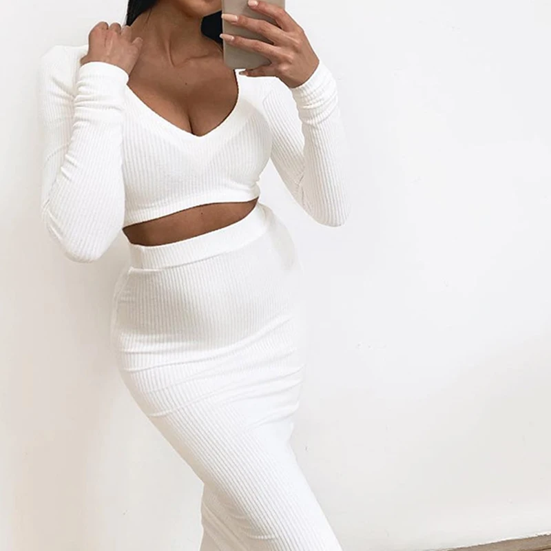 

Two Piece Sets 2019 Autumn Winter Tracksuits Bodycon Long Sleeve V-Neck Crop Top Mid Skirt Knitted Women Sets Outfits GV839