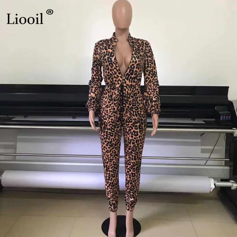 Liooil леопардовым принтом Комбинезон сексуальные комбинезоны для Для женщин осеннее платье с длинными рукавами на молнии комбинезон для вечеринки женский комбинезон на бретельках