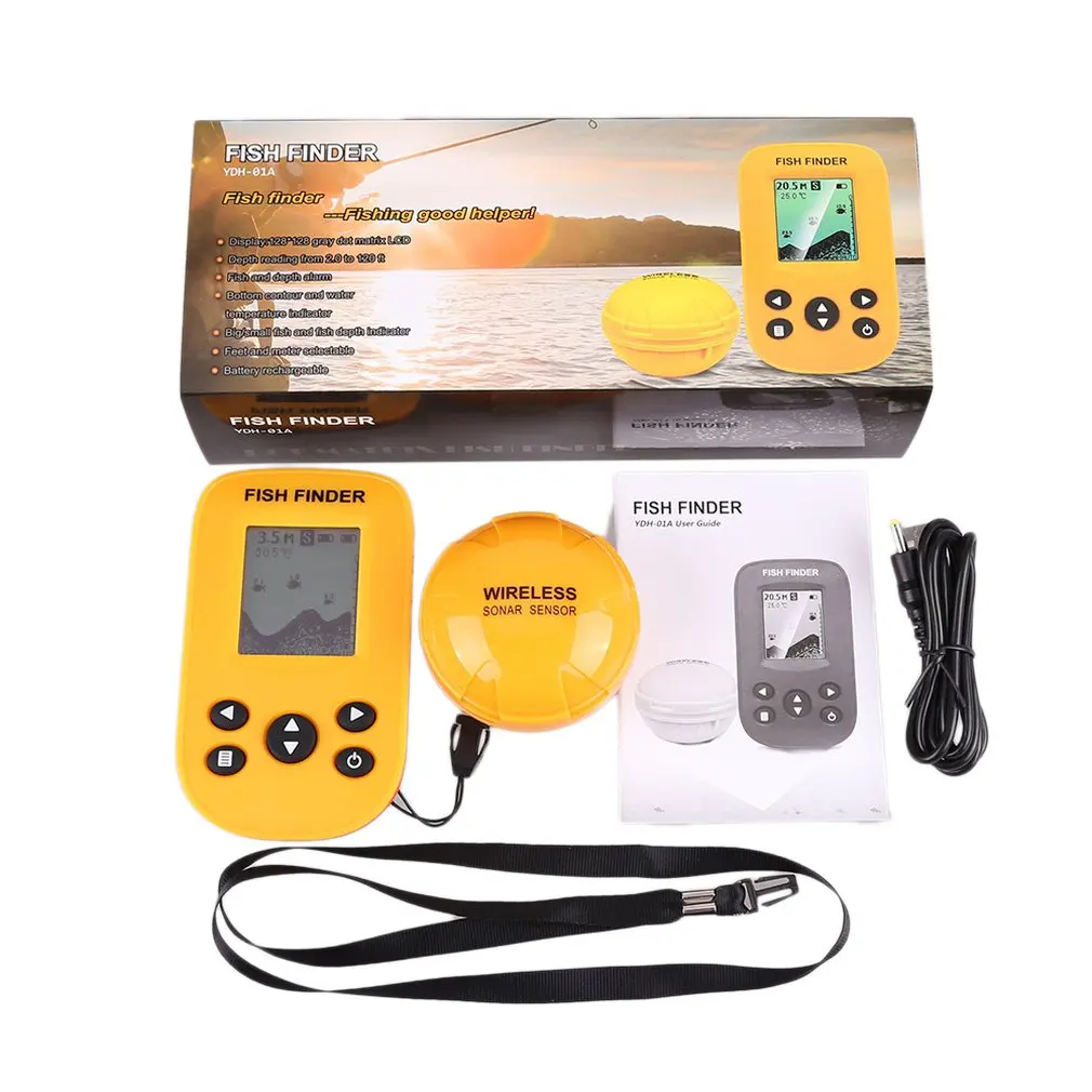 

Wireless Dot Matrix Sonar Fish Finder with Waterproof Visible Sunshine LCD Display Max 80m depth for Fish Size Water Temp Show