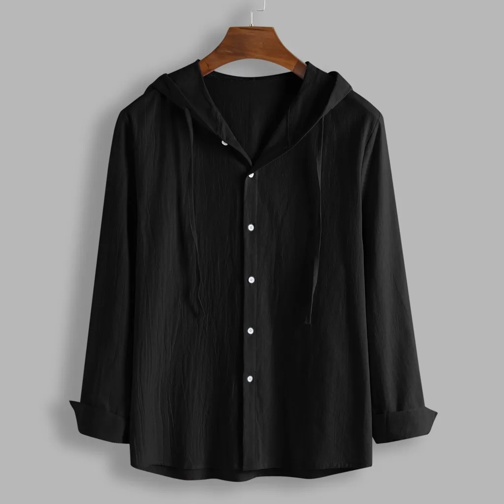Men's Solid Color Blouse Loose Cotton Casual Blend Hooded Button Long Sleeve Shirt Tops Blouse Beach Shirt Top camisa masculina