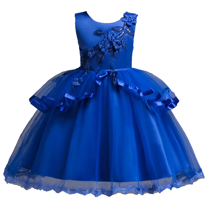 Новинка; платье с вышитыми цветами для девочек; праздничное платье; одежда для детей; платье-пачка для дня рождения и свадьбы; От 2 до 10 лет Одежда для маленьких девочек - Цвет: blue