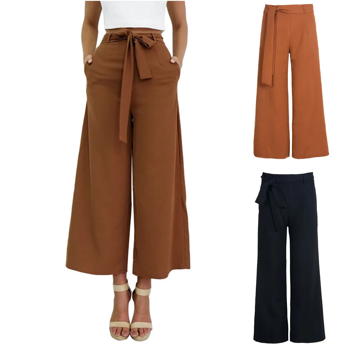

Europe And America New Style WOMEN'S Pants Loose Medium Waist Big Trouser Legs Half-length-Capri Pants Lace up Pants plus