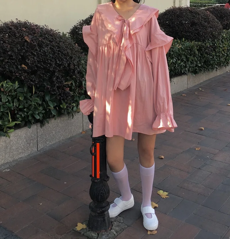 

Plus Size Autumn Mini Dress Elegant Irregular Drawstring Ruffle Trim Loose Vestidos Straight Oversized Casual Korean Dress