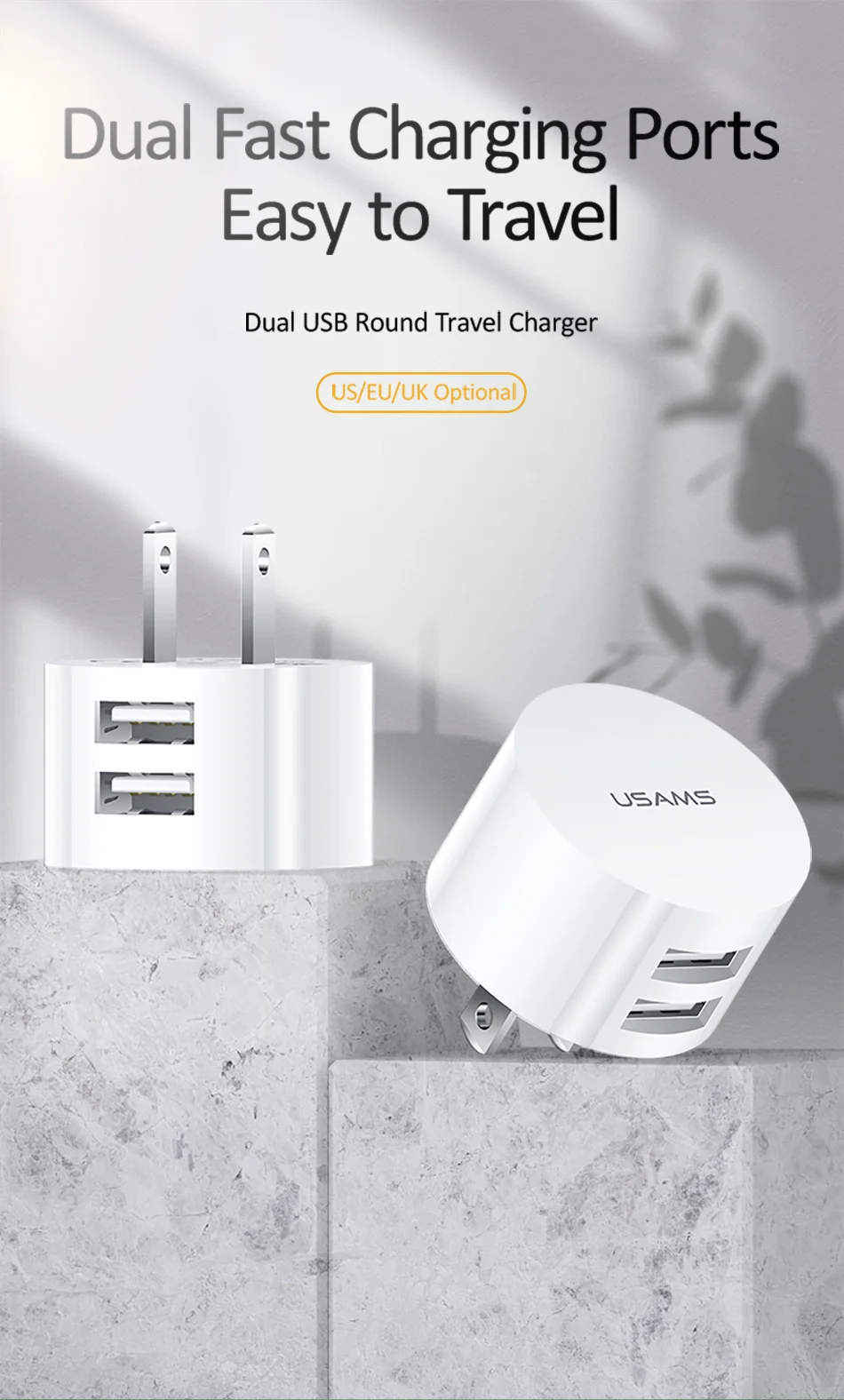 USAMS 5V 2.1A Min EU UK US Plug Mobile Phone Charger for iPhone Samsung Huawei iOS Android 2 Ports White Travel Wall Charger usb c 20w