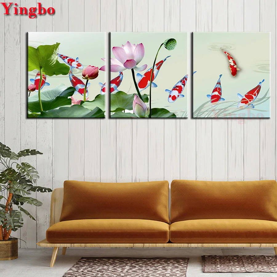 3 шт./компл. DIY Вышивка алмазная живопись Koi Fish пейзаж с лотосами вышивка крестиком