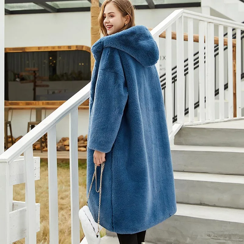 blue fur coat Для женщин с капюшоном; Лидер продаж; обувь на платформе из искусственного кроличьего меха; пальто Роскошная длинная куртка C мехом пальто толстый теплый объемный Свободный плащ, верхняя одежда с плюшевой подкладкой, пальто - Цвет: blue fur coat