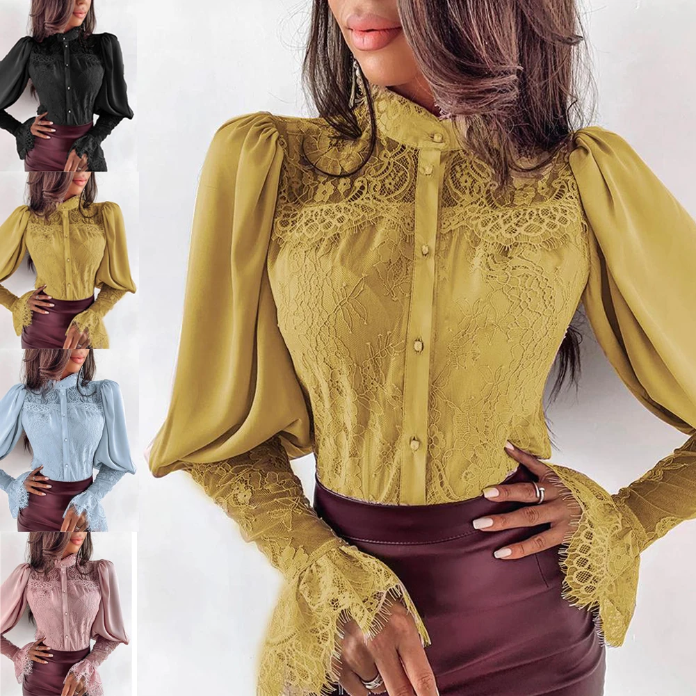Женская Осенняя кружевная Лоскутная Элегантная блузка со стоячим воротником и длинным рукавом, корейский стиль, топ с пуговицами, рубашка для девушек, новая мода