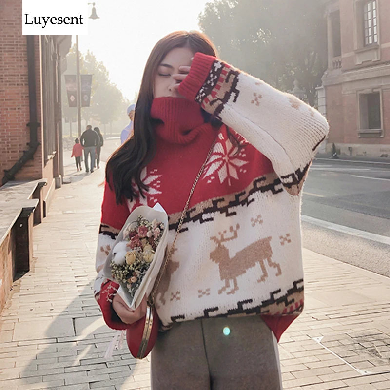 Christmas Moose Snow Turtleneck Women Pullover Sweater 2020 Lady Loose Animal Deer Knit Winter Top Contrast Color Warm Jumpers | Женская