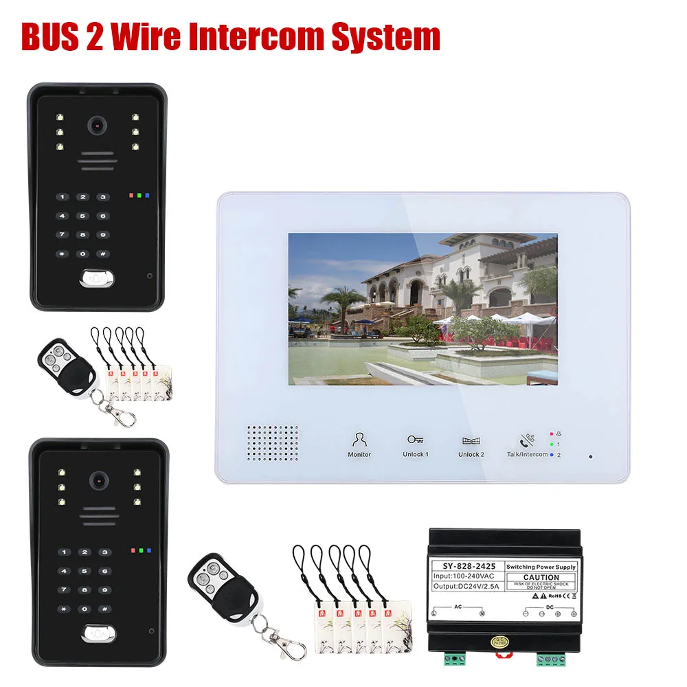 7 Pollici Bus 2 Fili Rfid Videocitofono Sistemi Per 2 Esterni-1/2/3 Codice Telecamera Tastiera Rfic Sistema Di Controllo Accessi Domestici
