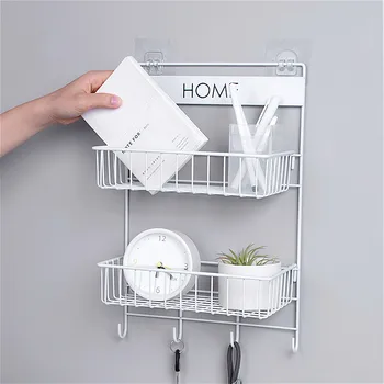 

Double Layer Grid Hanging Basket Wall Mounted Cabinet Shelf Storage Rack Key Hooks Iron Frame Student Dormitory Display Racks