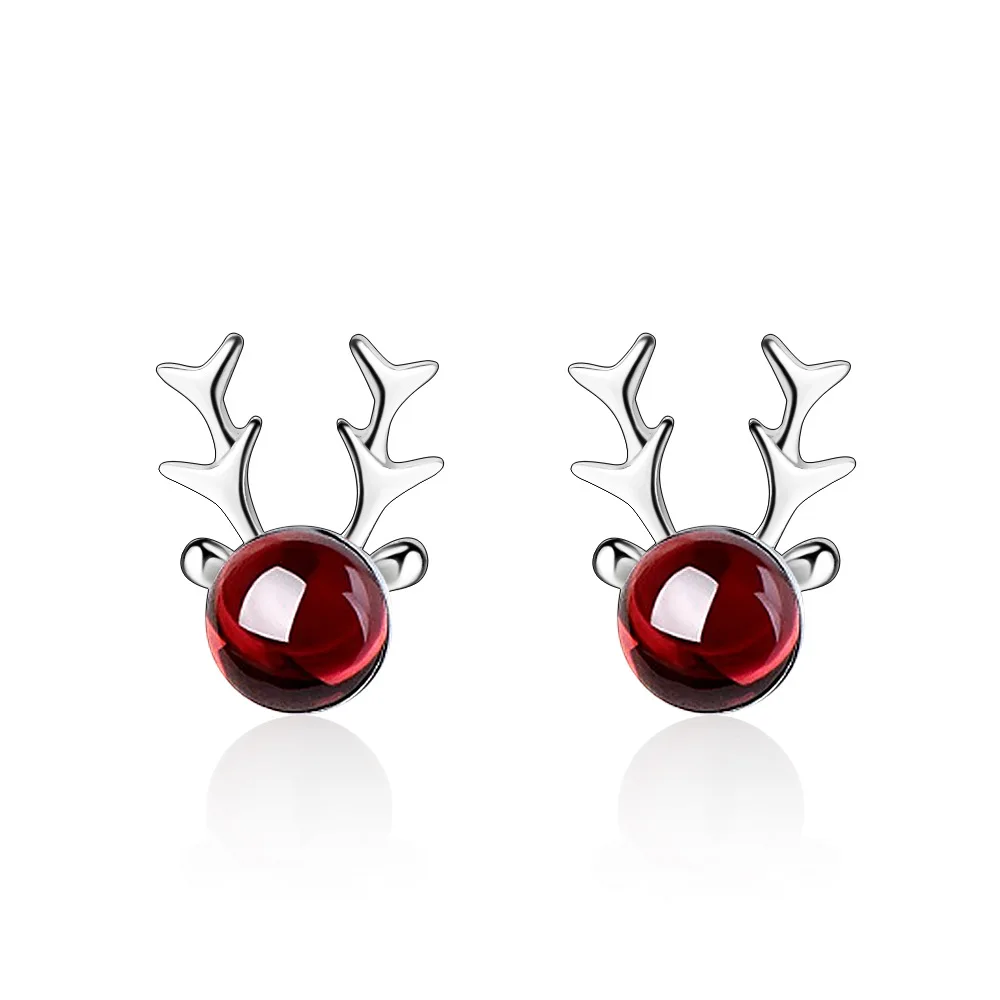 925 пробы, серебряные, элегантные, красный гранат, камень, Рождество, лось, олень, животные, женские серьги-гвоздики, ювелирное изделие, женский подарок, не выцветает