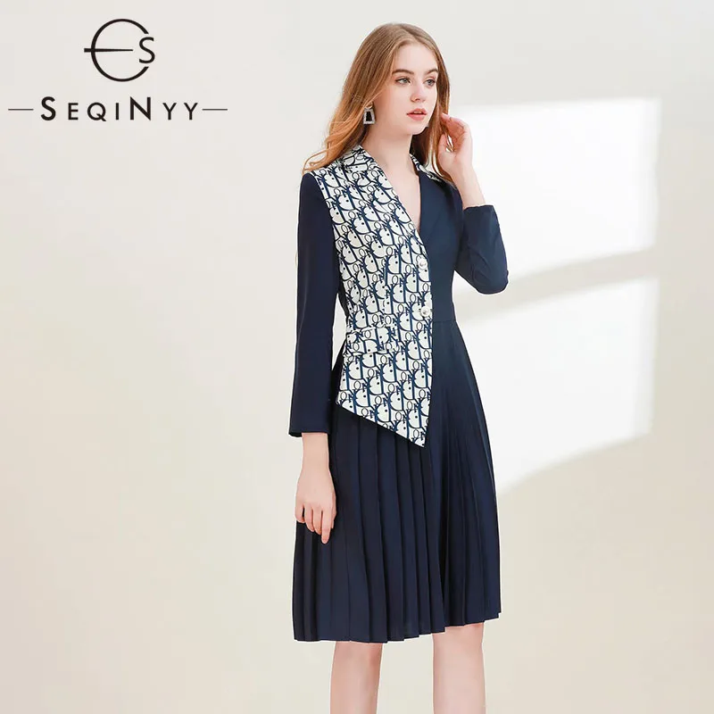 

SEQINYY Office Lady Dress 2020 Summer Spring New Fashion Design Women 3/4 Sleeve Letter Print Spliced Pleated Knee Dress