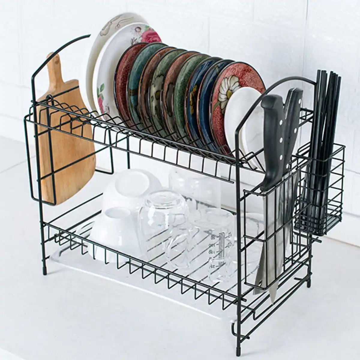 

2 Tiers Dish Drying Rack Kitchen Washing Holder Basket Plated Iron Kitchen Knife Sink Dish Drainer Drying Rack Organizer
