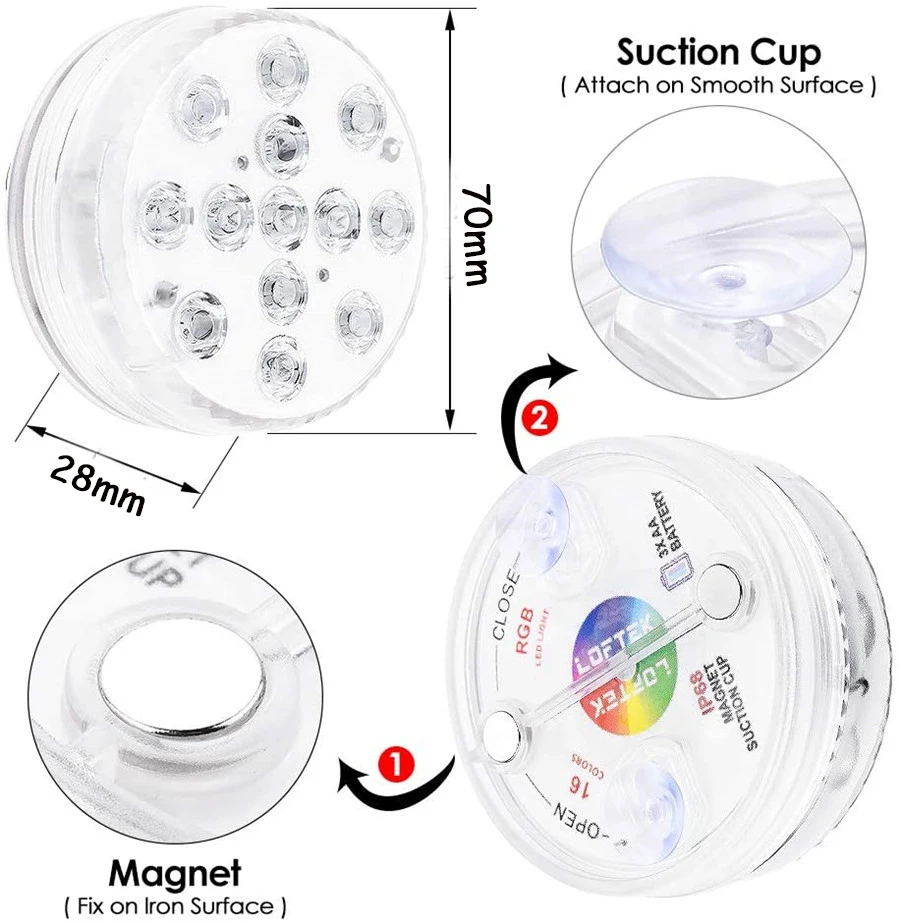 2020 Upgrade 13 LED RGB Submersible Light With Magnet and Suction Cup Swimming Pool Light Underwater Tea Night Light for Pond