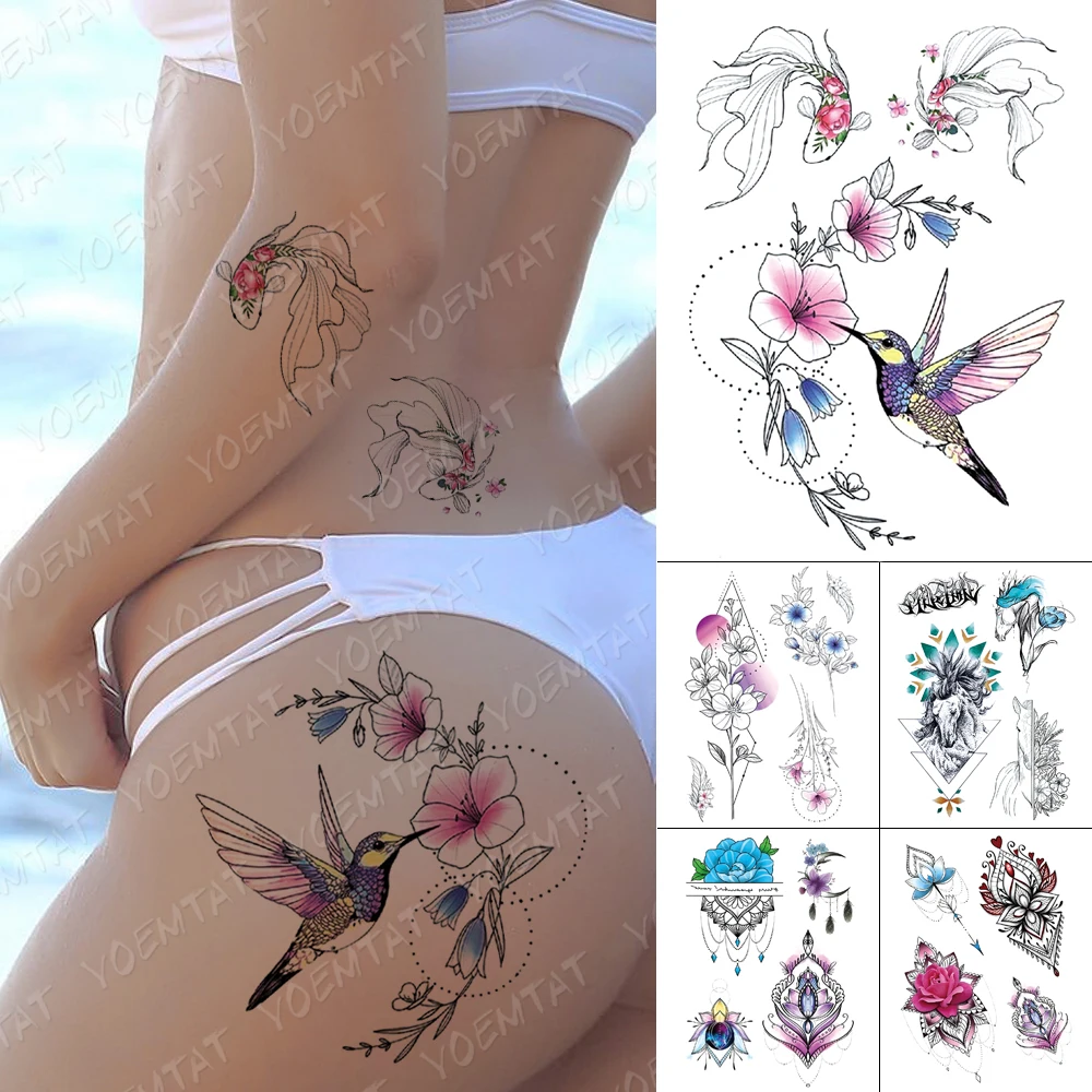 

Waterproof Temporary Tattoo Sticker Goldfish Bird Point Line Flash Tattoos Henna Mandala Flowers Body Art Arm Fake Tatoo Women