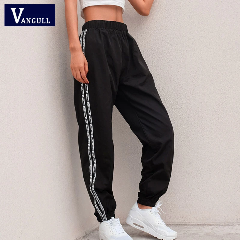 Vangull Women Side Stripe Letter Sweatpants Casual Stretch High Waist Streetwear Cargo Pants 2020 Autumn Jogger Harem Pants