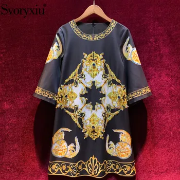 

Svoryxiu Designer Spring Summer Vintage Baroque Print Black Dress Women's 3/4 Sleeve Crystal Diamond Loose Fashion Short Dresses