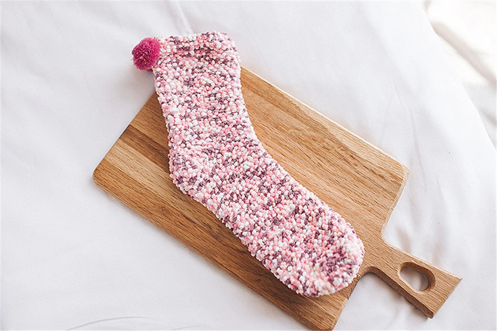 Cute girls' coral fleece socks women thickening warm winter soft floor socks with cute hairball Christmas gift socks dropship