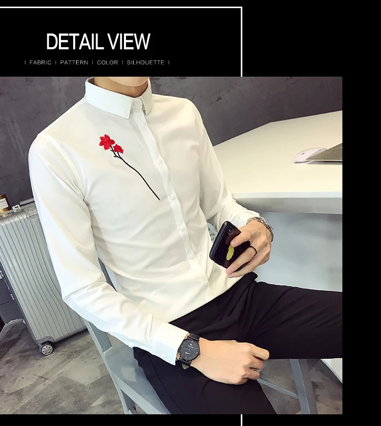 Рубашка с вышитыми цветами, мужская, с длинным рукавом, брендовая, Camisa Masculina, приталенная, уличная, для выпускного, смокинг, для ночного клуба, вечерние рубашки