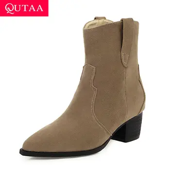 

QUTAA 2020 Square Heel Scrub PU Leather Slip on Ankle Boots Pointed Toe Sewing Autumn Winter All Match Women Shoes Size 34-43