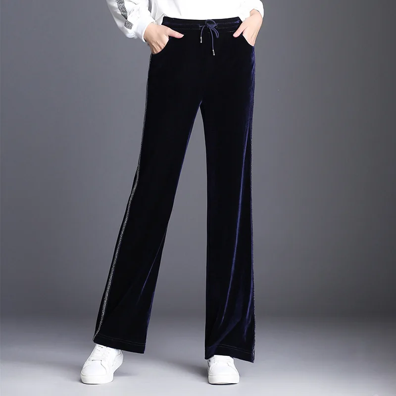 

Elastic High Waist Wide Leg Side Stripe Drawstring Women Flare Pants Female Pleuche Autumn Trousers Plus Size S-6xl
