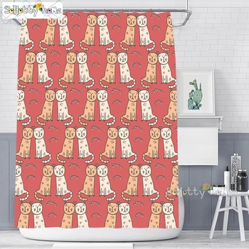 

Anime Cute Cat Couple Shower Curtain Durable Bathroom Curtain Green Plant Beach Shower Curtain Long 180*200