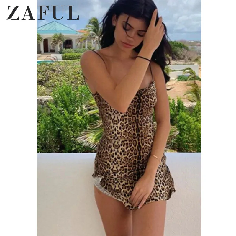 ZAFUL женское платье на бретельках с леопардовым принтом, высокая талия, Короткие Сексуальные вечерние платья, коктейльное мини-платье для отпуска