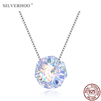 

SILVERHOO 925 Sterling Silver Pendant Necklace For Women Polygon Austrian Crystal Necklace Party Jewelry Simple Gift Trend 2020