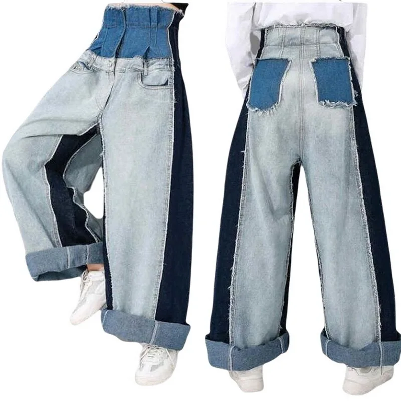 

Wide Leg Jeans Contrast Color Split Long Jeans Loose Women Waist Wide Leg Hit Color More Pockets Stitching Horn Jeans