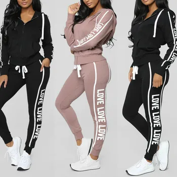 

Tracksuit women 2 piece set women's sweat suit костюм женский костюмы Solid Color Hooded Long sleeve zipper letter Sweatshirt #3
