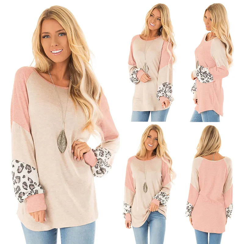 

2020 New Style for Autumn and Winter Women's T-shirt Hot Explosion round Neckline Leopard Splicing Long-Sleeved Upper Garment