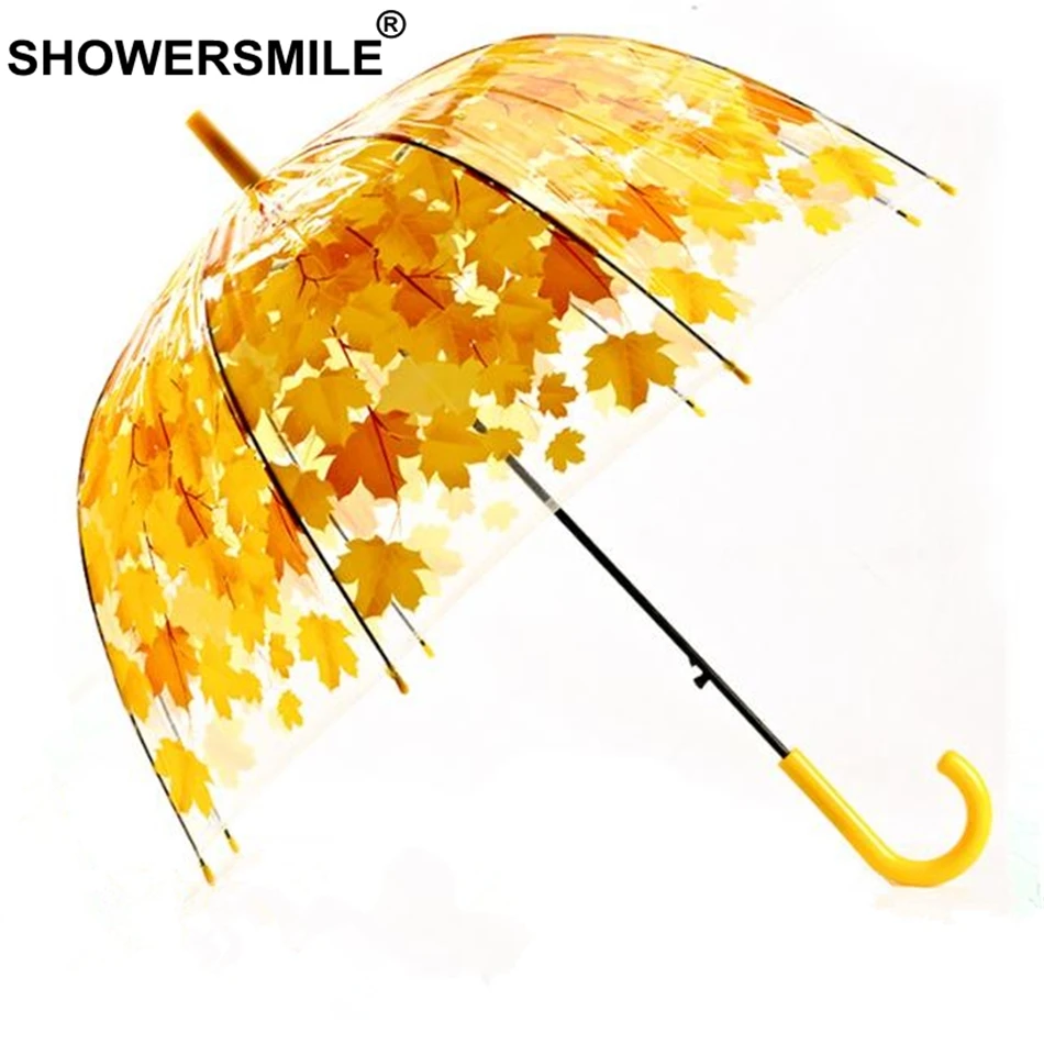 Tanie SHOWERSMILE żółte liście parasol przezroczysty grzyb panie Apollo długi uchwyt Parapluie przezroczysty parasol przeciwdeszczowy